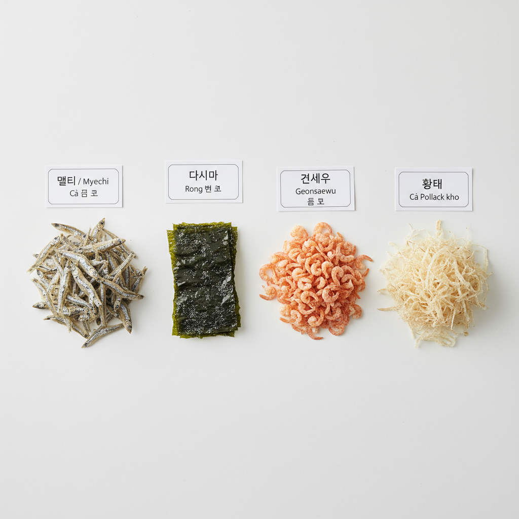 A clean, modern overhead photographic shot of classic Korean dried seafood ingredients arranged on a matte white background for an educational guide. Meticulously separated piles of dried anchovies, kelp (dashima), tiny shrimp, and dried pollock reveal intricate textures, silvery sheens, and subtle beige and green hues. Small, minimalist cards with neat Korean, English, and Vietnamese names are placed beside each group. Soft, diffused studio lighting eliminates harsh shadows, creating a clear, clinical yet inviting feel. The composition is carefully balanced with ample white space, emphasizing clarity and organization. The mood is professional and informative, ideal for explaining how these ingredients are used to make flavorful broths and stocks in Korean cooking.