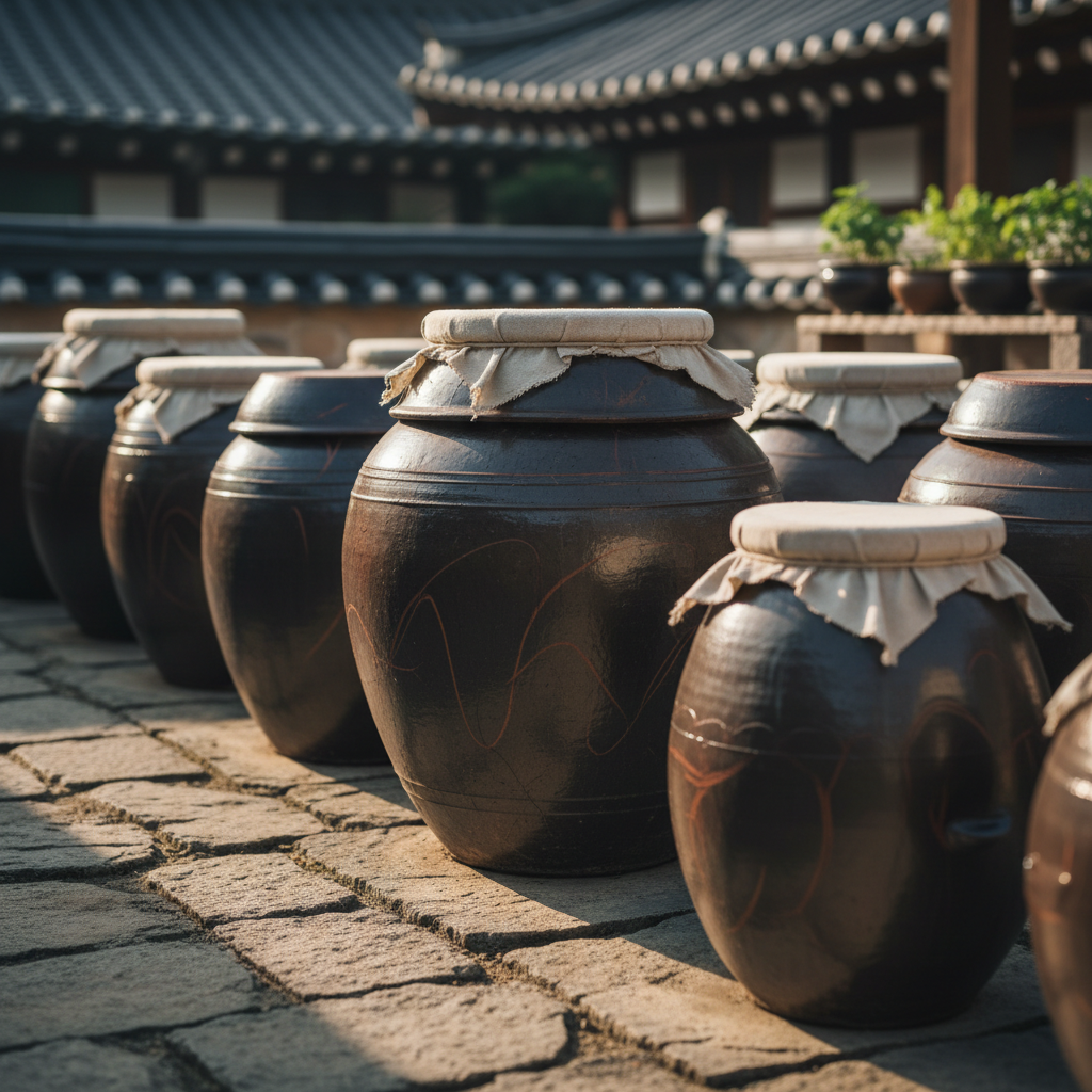 A photographic realism scene of traditional Korean jangdok (fermentation crocks) arranged in an orderly cluster on a stone courtyard, each dark brown earthenware jar showing unique glaze variations, subtle cracks, and hand-tied cloth covers. Dewy morning light falls across the jars, creating soft reflections on their curved surfaces and casting elongated shadows on the textured stone floor. In the softly blurred background, tiled hanok rooftops and a few potted herbs suggest a classic Korean setting without drawing focus. Captured at eye level with moderate depth of field, the central jar is in crisp focus while others gradually soften, conveying a calm, time-honored atmosphere that highlights the traditional process of fermenting sauces like doenjang and ganjang.