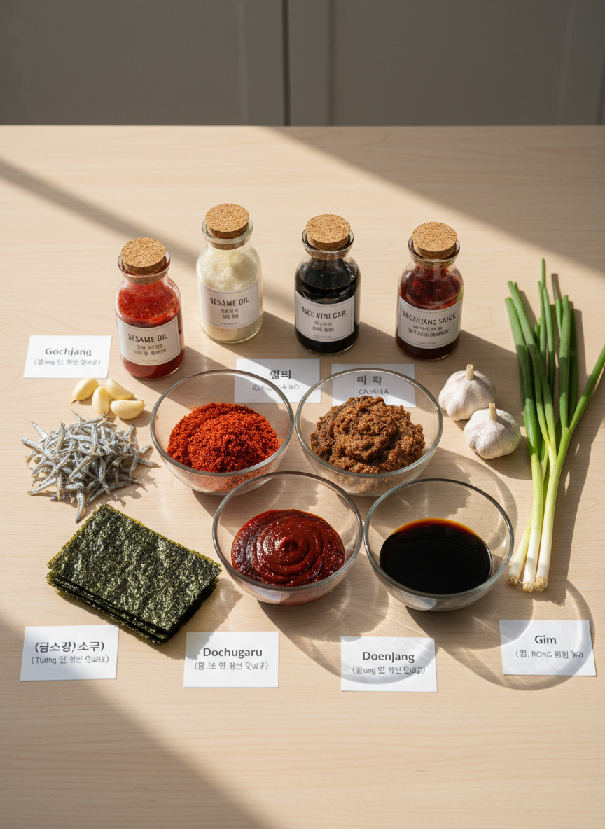 A neatly arranged top-down display of essential Korean pantry ingredients on a clean, light wood table, captured in photographic realism. Centered are glass bowls of gochujang, gochugaru, doenjang, and soy sauce, each showing distinct textures and rich red, brown, and amber tones. Around them are labeled jars, sheets of gim (roasted seaweed), dried anchovies, garlic cloves, and green onions, with small bilingual labels in Korean, English, and Vietnamese subtly visible on minimalist cards. Soft, diffused daylight from the side casts gentle shadows, creating a calm, educational mood. The composition follows the rule of thirds with sharp focus throughout, evoking a professional, modern cooking guide atmosphere with a clean, uncluttered background fading into a subtle blur.