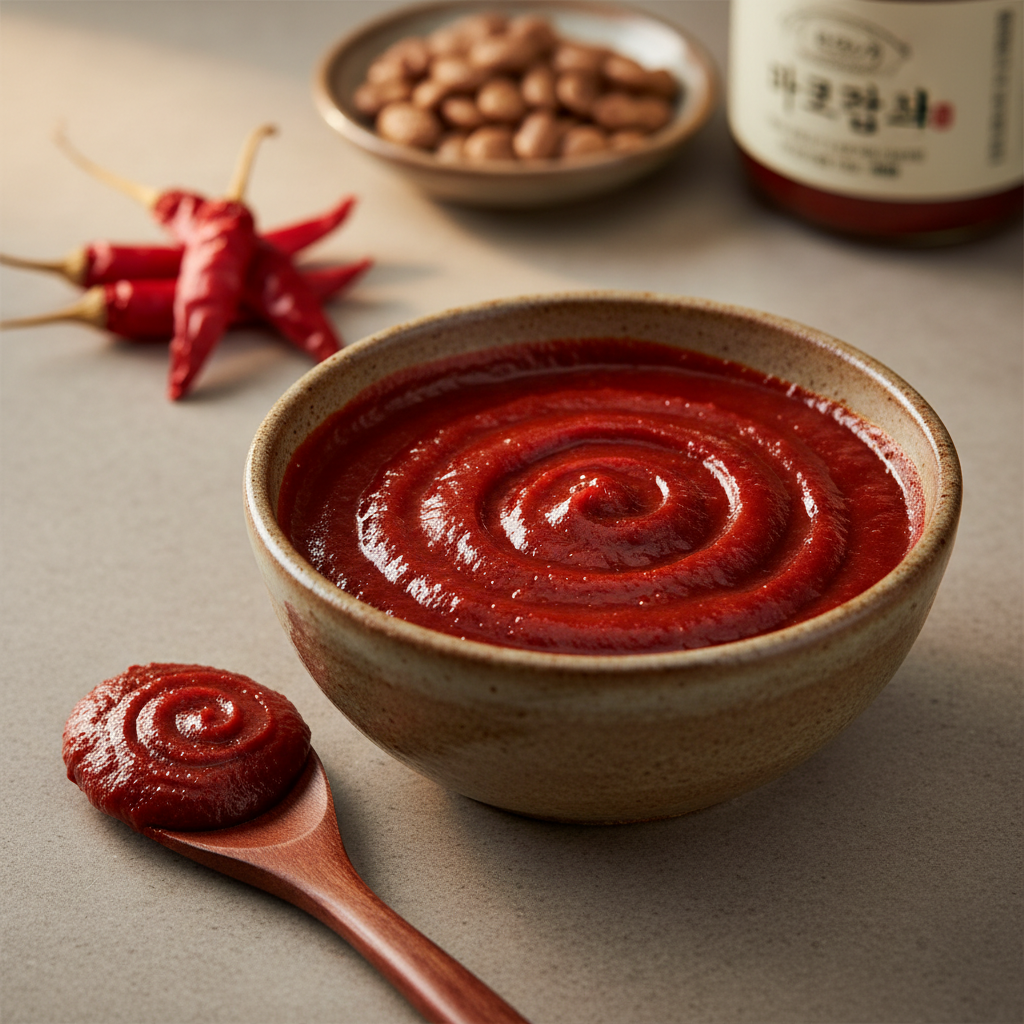 A close-up photographic image of a rustic ceramic bowl filled with glossy, deep red gochujang paste, its surface showing subtle ridges and swirls that reveal its thick, sticky texture. The bowl rests on a smooth, neutral-toned stone countertop, with a small wooden spatula coated in gochujang lying beside it. In the softly blurred background, dried red chili peppers, a small dish of fermented soybeans, and a faintly visible Korean label on a jar hint at the sauce’s origins. Soft studio lighting from the upper left creates gentle highlights on the paste and delicate shadows beneath the bowl, creating a professional, informative mood. Shot from a slightly elevated angle with shallow depth of field to emphasize the richness and detail of the ingredient.