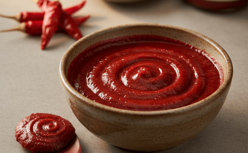 A close-up photographic image of a rustic ceramic bowl filled with glossy, deep red gochujang paste, its surface showing subtle ridges and swirls that reveal its thick, sticky texture. The bowl rests on a smooth, neutral-toned stone countertop, with a small wooden spatula coated in gochujang lying beside it. In the softly blurred background, dried red chili peppers, a small dish of fermented soybeans, and a faintly visible Korean label on a jar hint at the sauce’s origins. Soft studio lighting from the upper left creates gentle highlights on the paste and delicate shadows beneath the bowl, creating a professional, informative mood. Shot from a slightly elevated angle with shallow depth of field to emphasize the richness and detail of the ingredient.