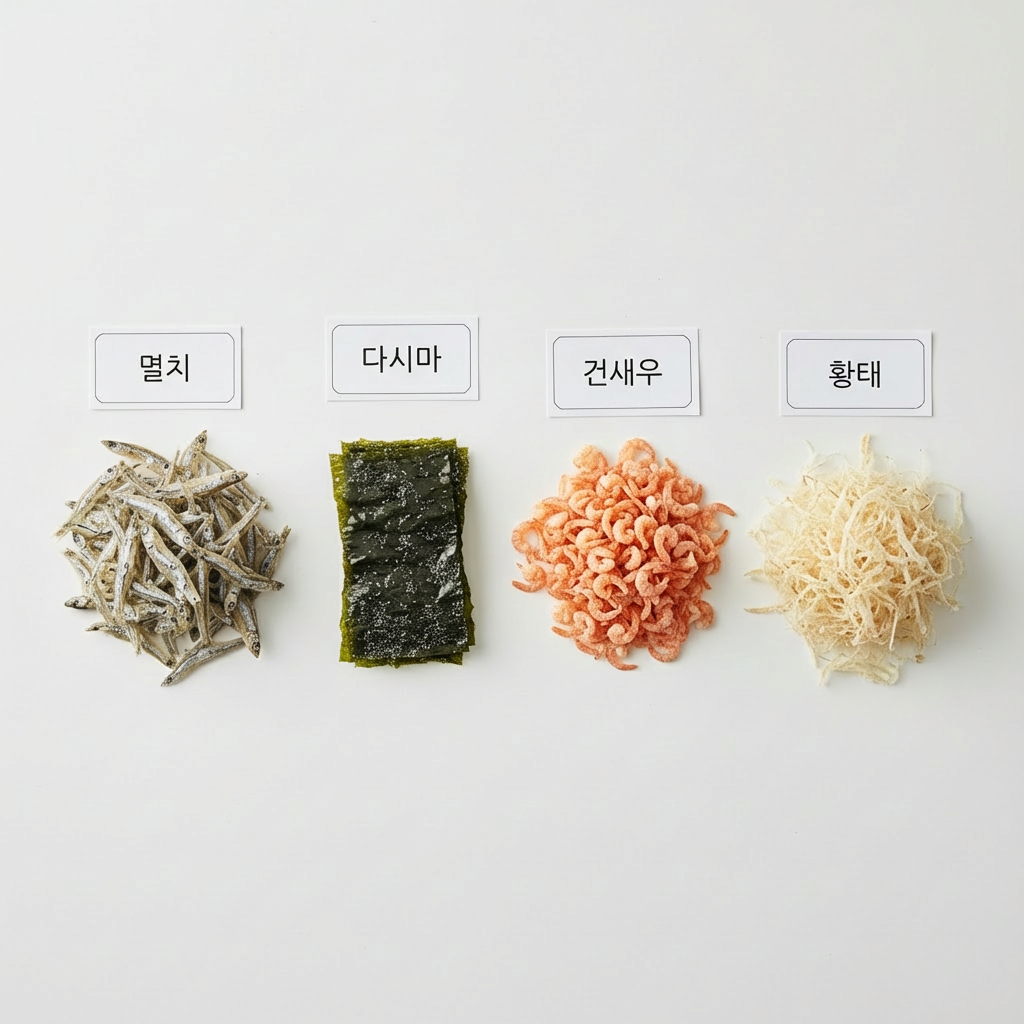 A clean, modern overhead photographic shot of classic Korean dried seafood ingredients arranged on a matte white background for an educational guide. Meticulously separated piles of dried anchovies, kelp (dashima), tiny shrimp, and dried pollock reveal intricate textures, silvery sheens, and subtle beige and green hues. Small, minimalist cards with neat Korean, English, and Vietnamese names are placed beside each group. Soft, diffused studio lighting eliminates harsh shadows, creating a clear, clinical yet inviting feel. The composition is carefully balanced with ample white space, emphasizing clarity and organization. The mood is professional and informative, ideal for explaining how these ingredients are used to make flavorful broths and stocks in Korean cooking.