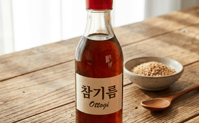 Ottogi sesame oil bottle labeled 참기름 on a wooden table with sesame seeds.