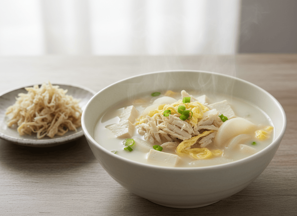 A bowl of bugeo-guk, Korean dried pollack soup, with shredded dried pollack
