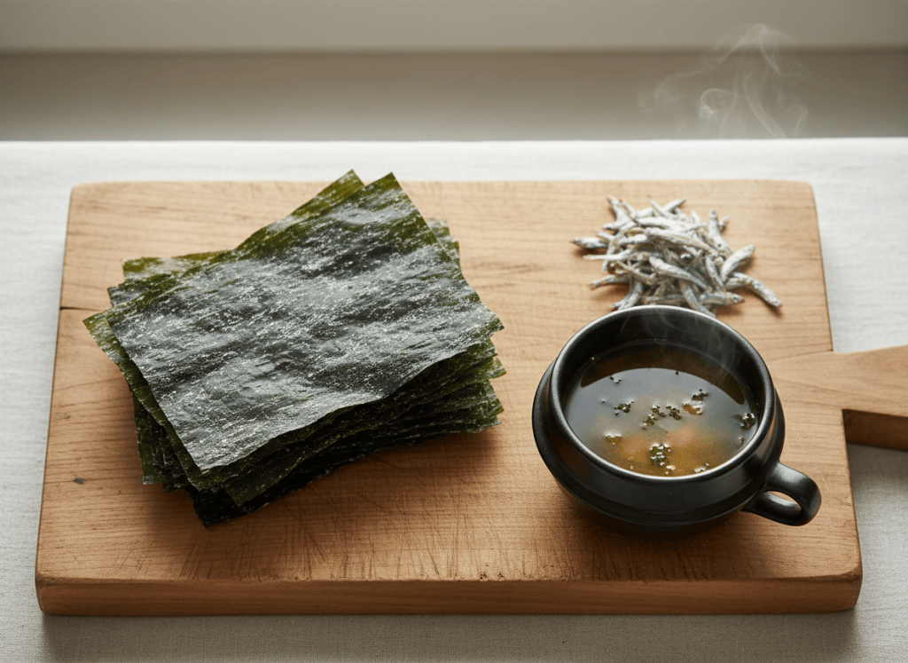 Squares of Korean dasima dried kelp with a pot of anchovy-kelp broth