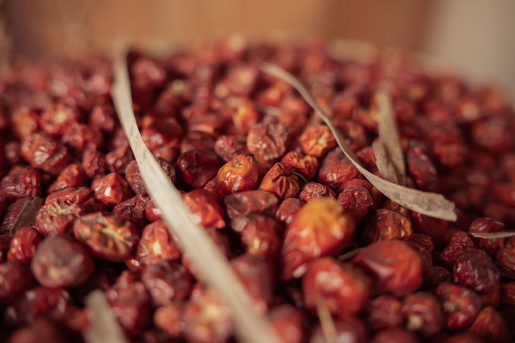 Close-up of a pile of dried red jujubes, known in Korea as daechu