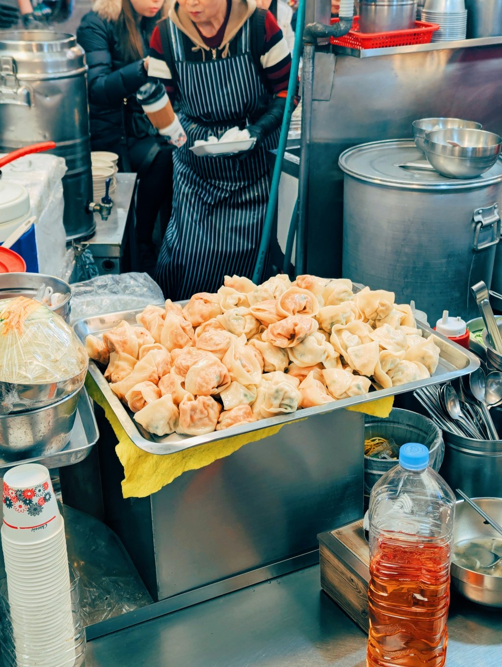 Tray of freshly cooked dumplings at a food stall