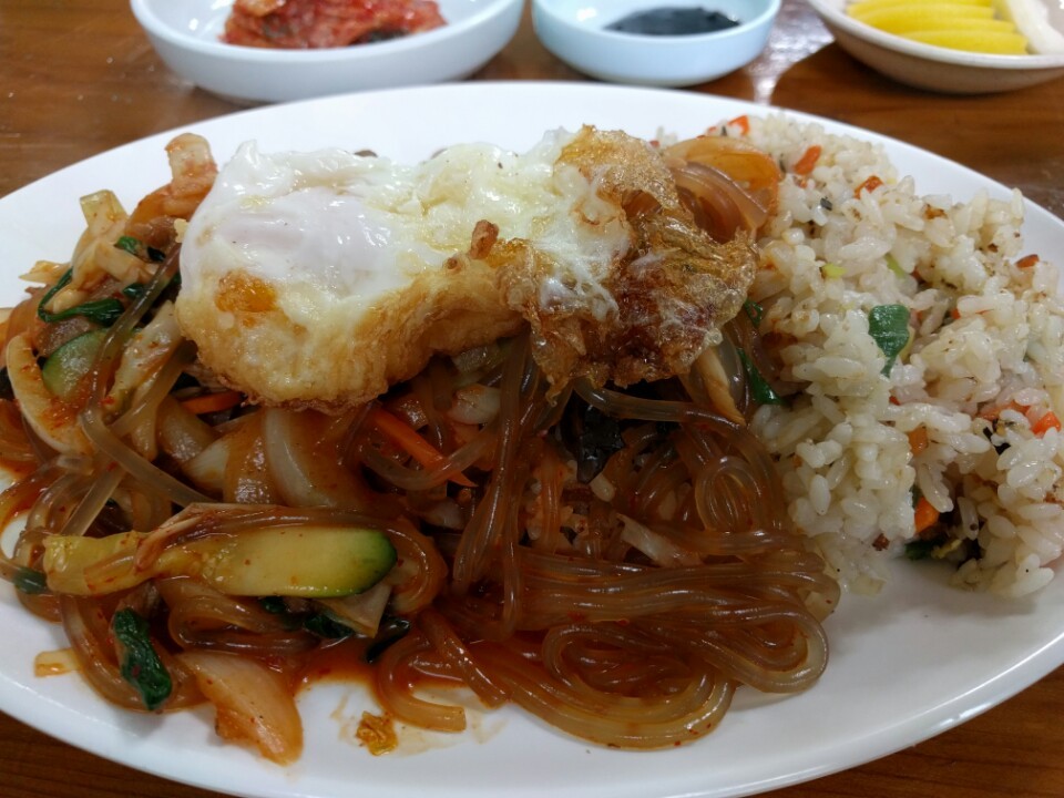 Japchae-bap, stir-fried glass noodles and vegetables served over rice