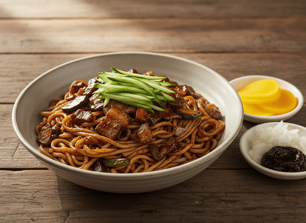 A bowl of jjajangmyeon, Korean noodles in black bean sauce made with chunjang