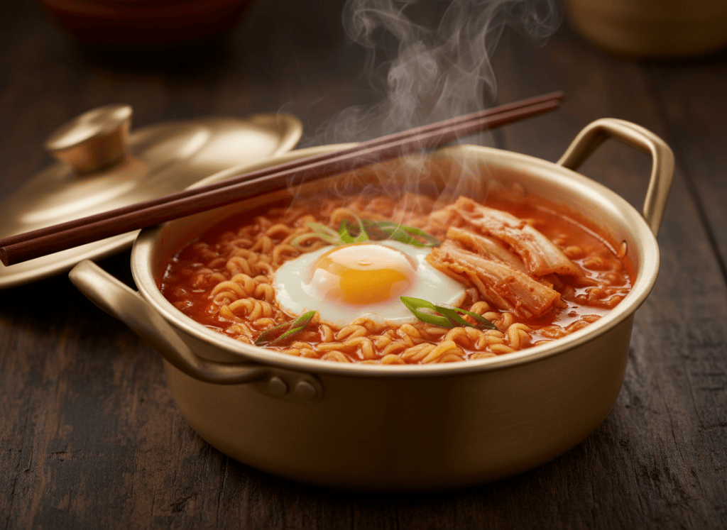 A bowl of Korean ramyeon with egg and green onion in spicy red broth