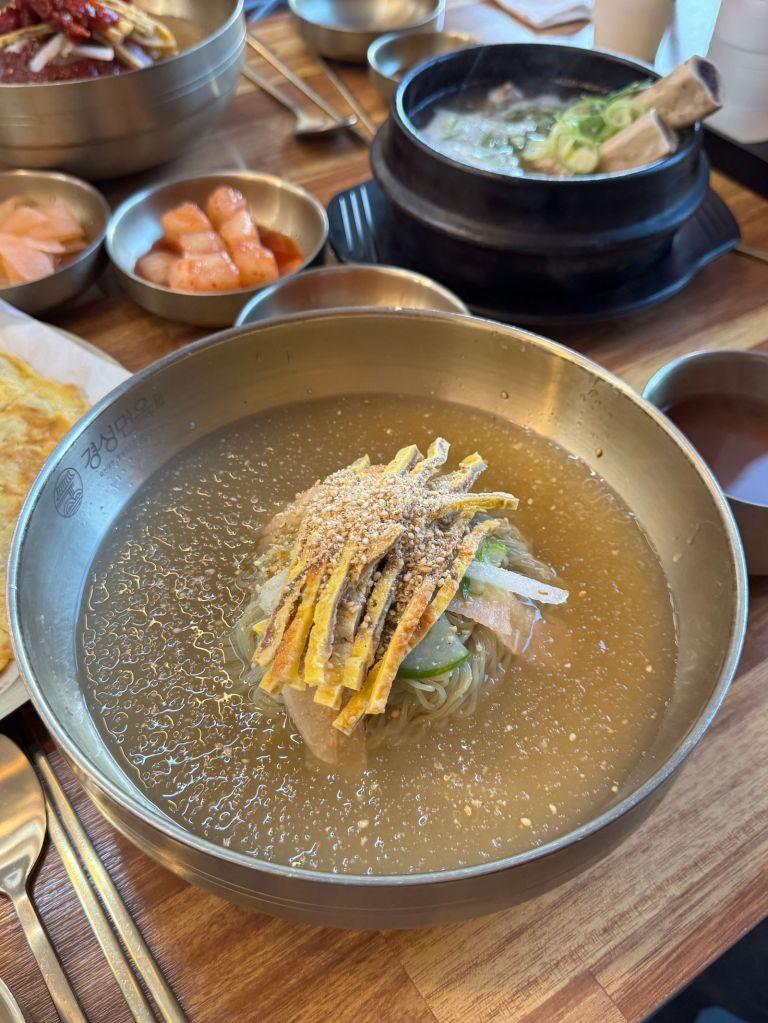 Korean mul-naengmyeon cold noodles in chilled broth topped with egg and vegetables