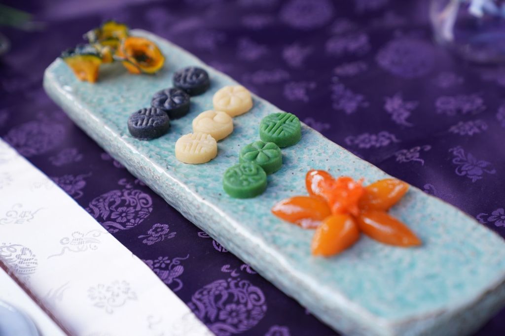 Traditional Korean confections (hangwa) arranged on a ceramic plate