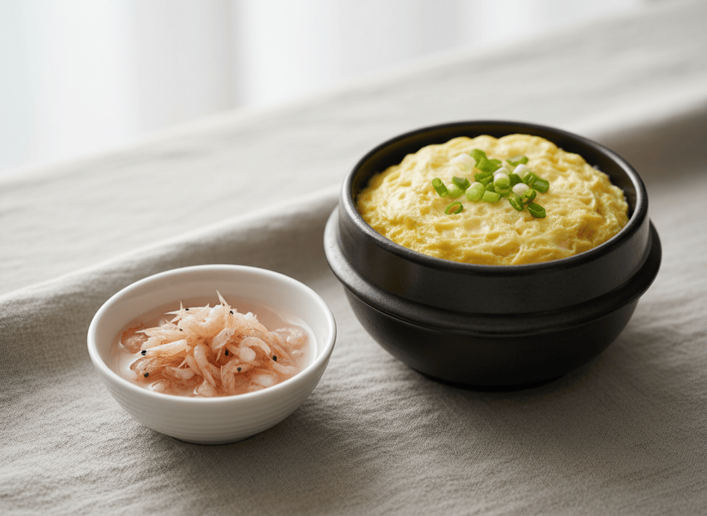 Saeujeot, Korean salted fermented shrimp, beside a pot of steamed egg