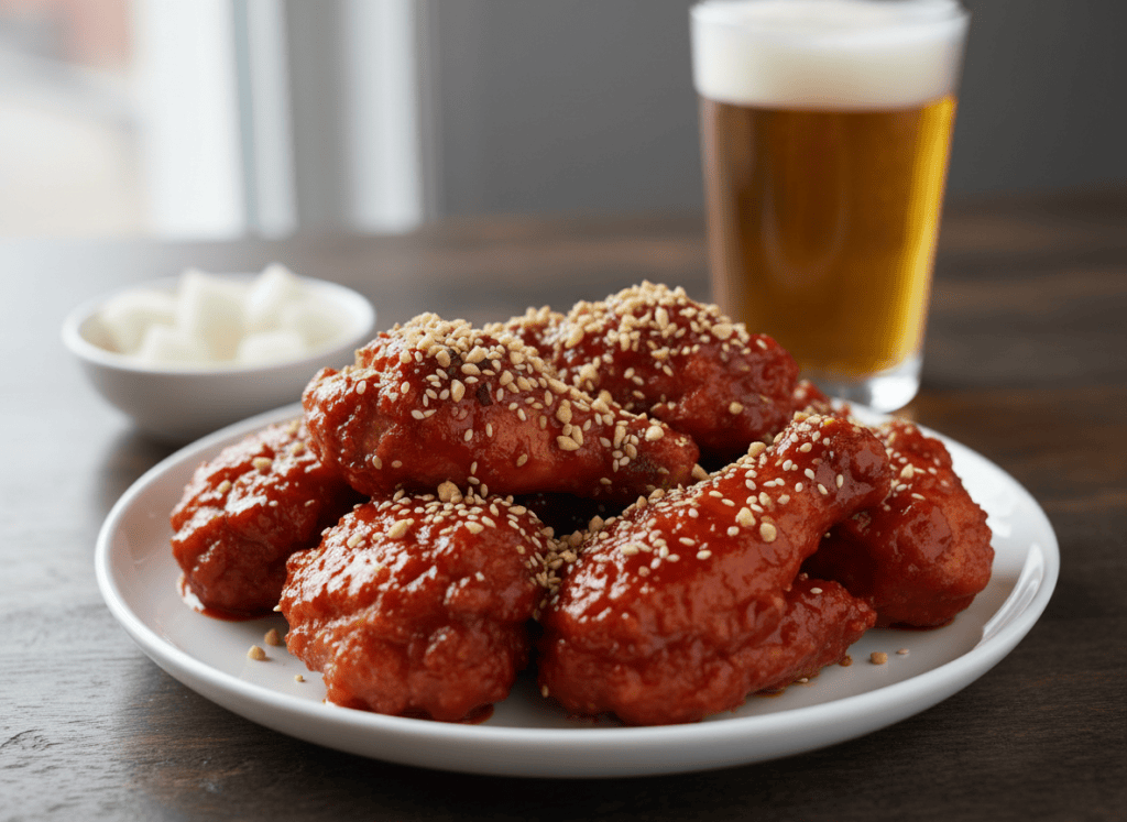Crispy Korean yangnyeom fried chicken coated in glossy red sweet and spicy sauce, topped with crushed peanuts and sesame seeds