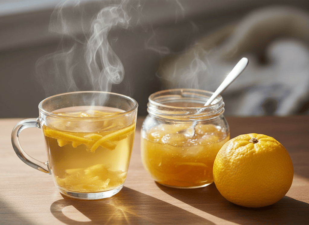 A cup of yuja-cha Korean citron tea with a jar of yuja marmalade